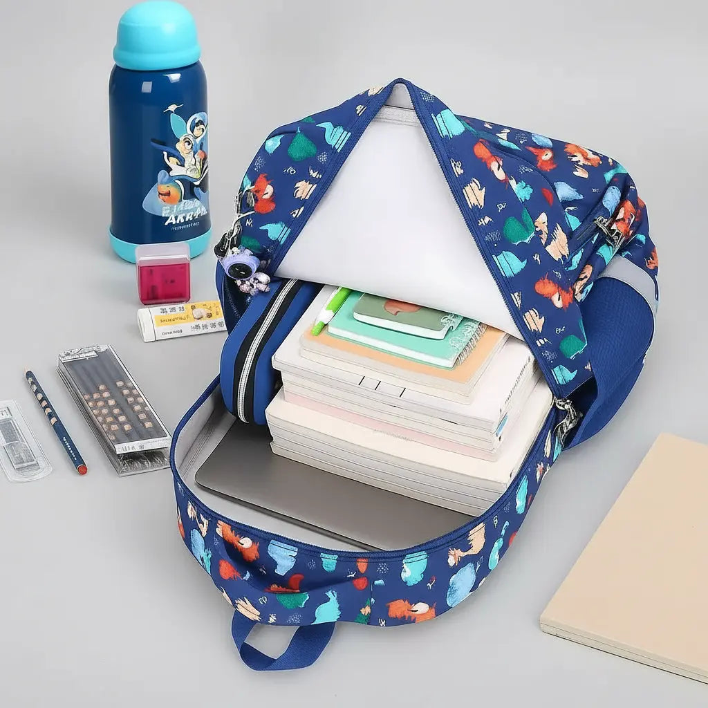 Sac à dos scolaire enfant bleu à motifs dinosaures, ouvert et rempli de fournitures scolaires.