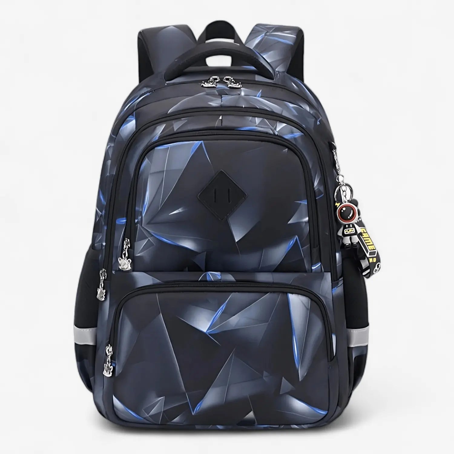 Sac à dos scolaire enfant bleu et noir à motifs géométriques, vue de face.