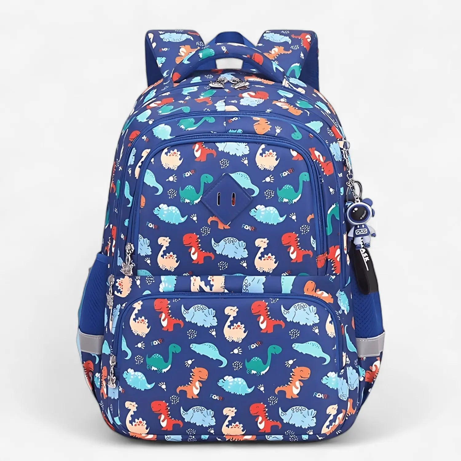Sac à dos scolaire enfant bleu avec motifs dinosaures, léger et imperméable, vue de face.
