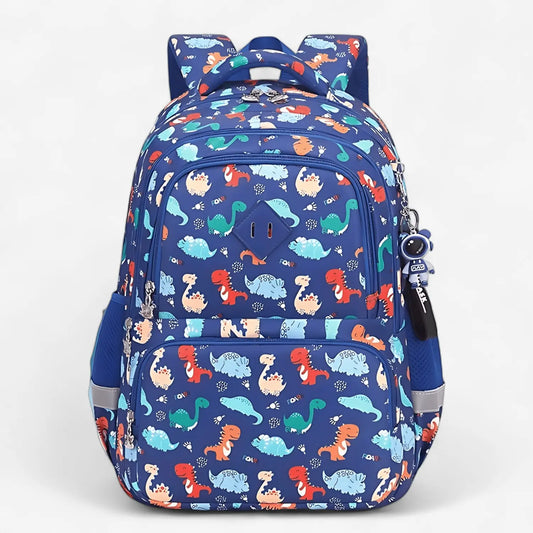 Sac à dos scolaire enfant bleu avec motifs dinosaures, léger et imperméable, vue de face.
