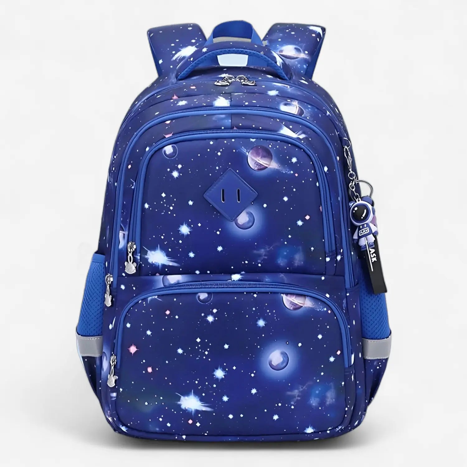 Sac à dos scolaire enfant bleu motif galaxie, léger et imperméable, vue de face.