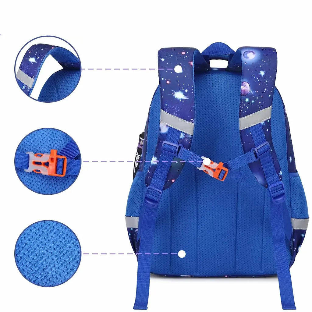 Sac à dos scolaire enfant bleu motif galaxie, vue de dos avec détails sur les bretelles, sangle pectorale et tissu respirant.