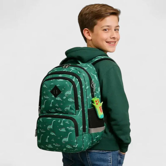 Sac à dos scolaire vert avec motif dinosaure porté par un écolier 