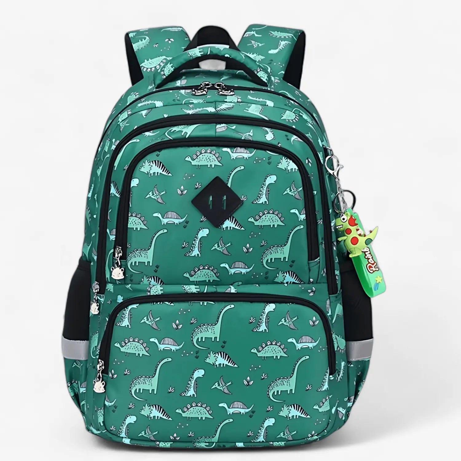 Sac à dos scolaire vert pour enfant avec motifs dinosaures, léger et imperméable, vue de face.