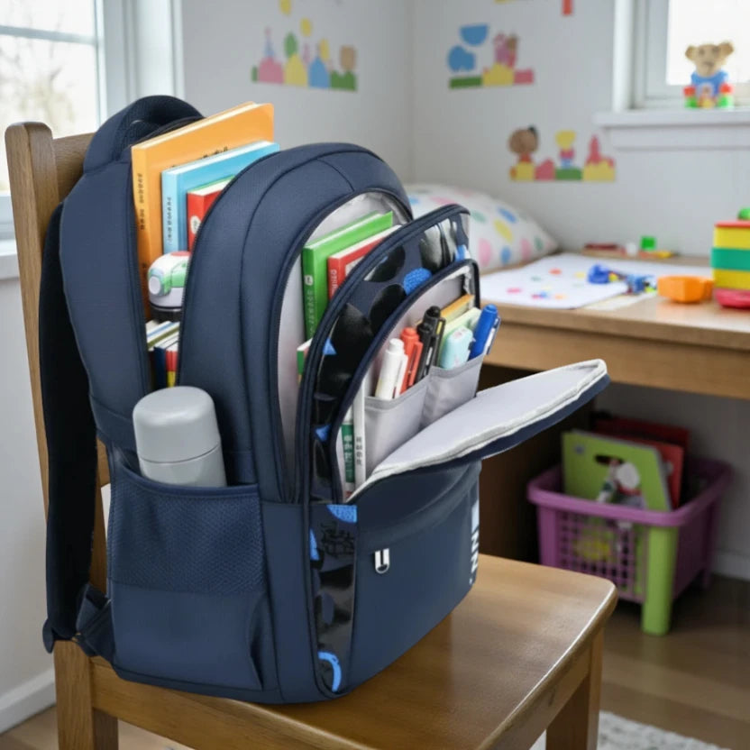 Sac à dos scolaire ergonomique bleu marine ouvert avec rangements pour livres, cahiers et fournitures