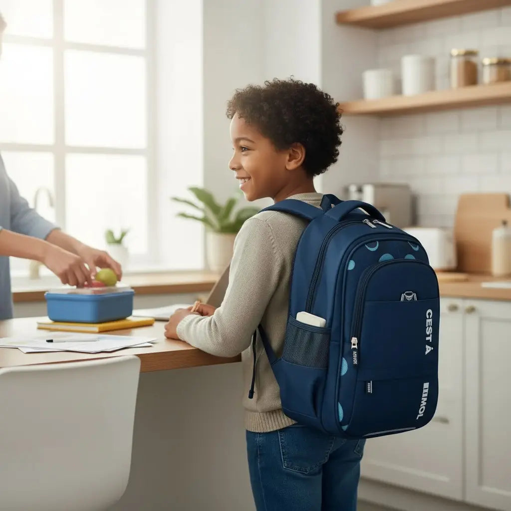 Sac à dos scolaire ergonomique bleu pour enfant de primaire, avec poches latérales et bretelles ergonomiques, porté en intérieur