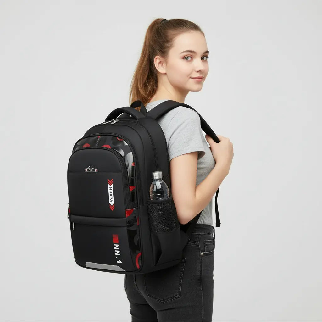 Sac à dos scolaire ergonomique fille noir et rouge porté sur l’épaule avec bretelles rembourrées ajustables