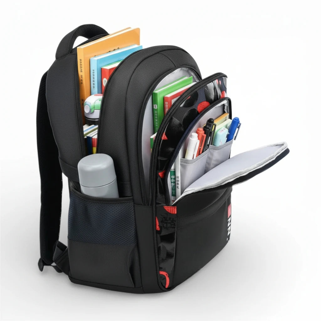 Sac à dos scolaire ergonomique fille noir et rouge avec compartiments multiples pour livres, cahiers et trousse