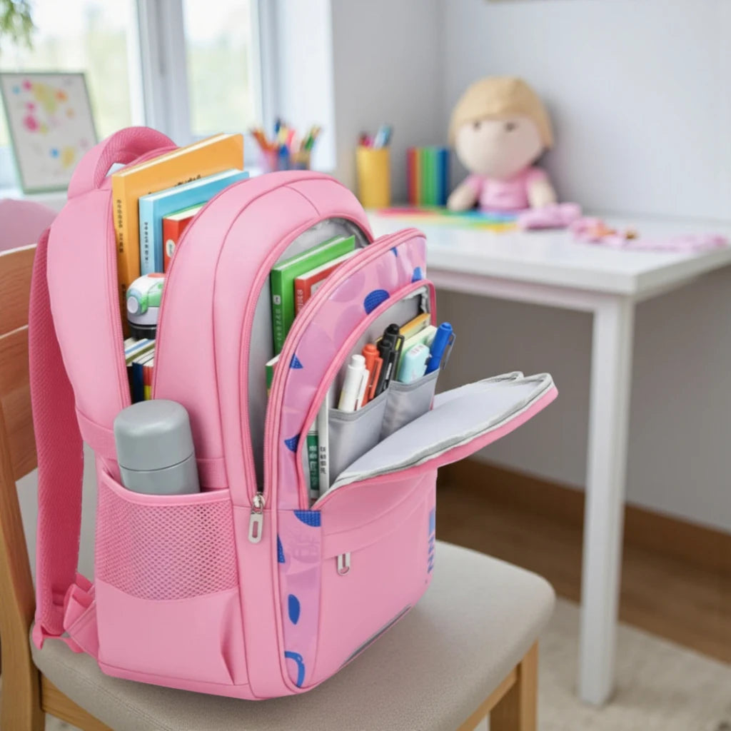 Sac à dos scolaire ergonomique fille rose avec rangements intérieurs pour livres, trousse et gourde – grande capacité primaire et collège