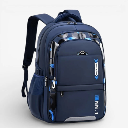 Sac à dos scolaire ergonomique garçon bleu marine avec bretelles rembourrées et multiples compartiments pour primaire et collège