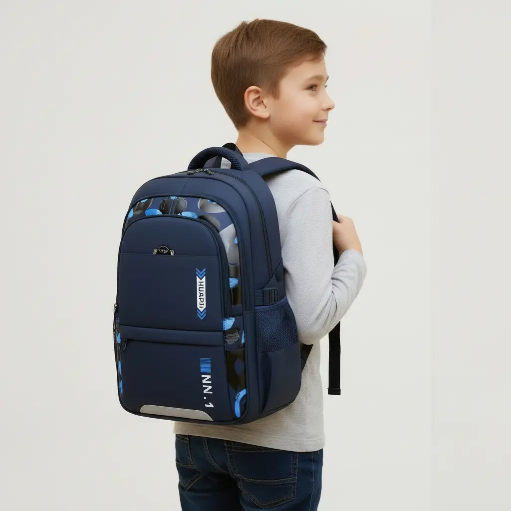 Sac à dos scolaire ergonomique garçon bleu marine porté de profil