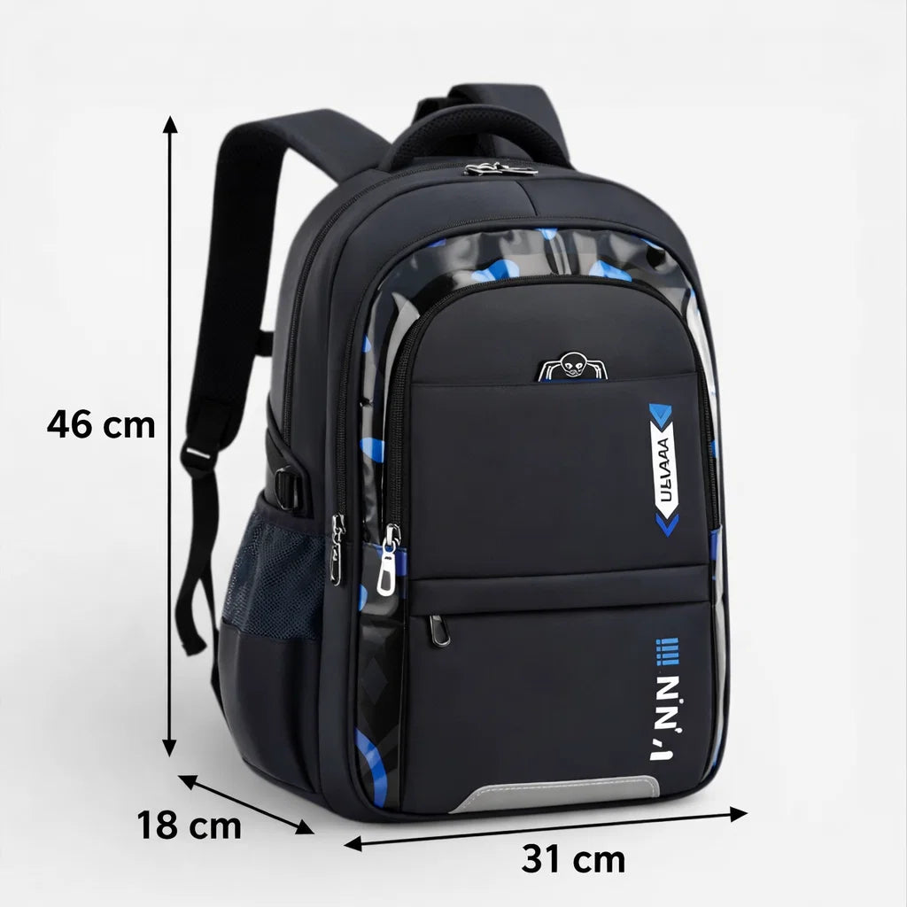 Dimensions sac à dos scolaire ergonomique garçon noir et bleu 31 x 18 x 46 cm pour primaire et collège