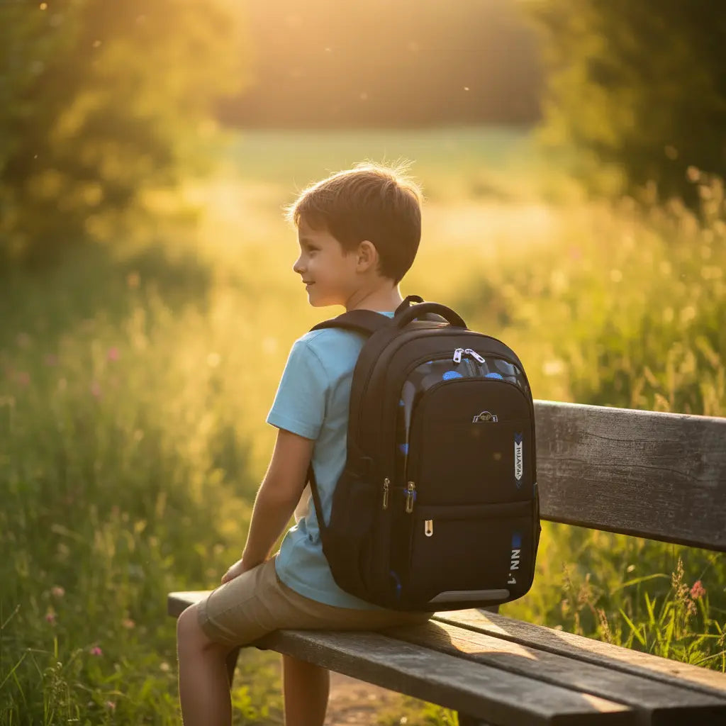 Sac à dos scolaire ergonomique garçon noir et bleu en situation extérieure pour rentrée primaire et collège