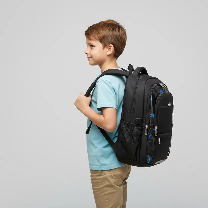 Sac à dos scolaire ergonomique garçon noir et bleu porté de profil – grande capacité primaire et collège