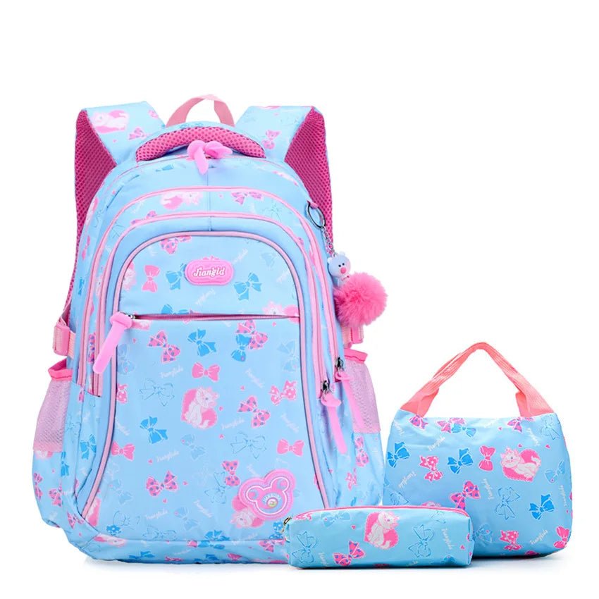 sac à dos scolaire fille 3 pièces bleu clair avec cartable pochette et trousse