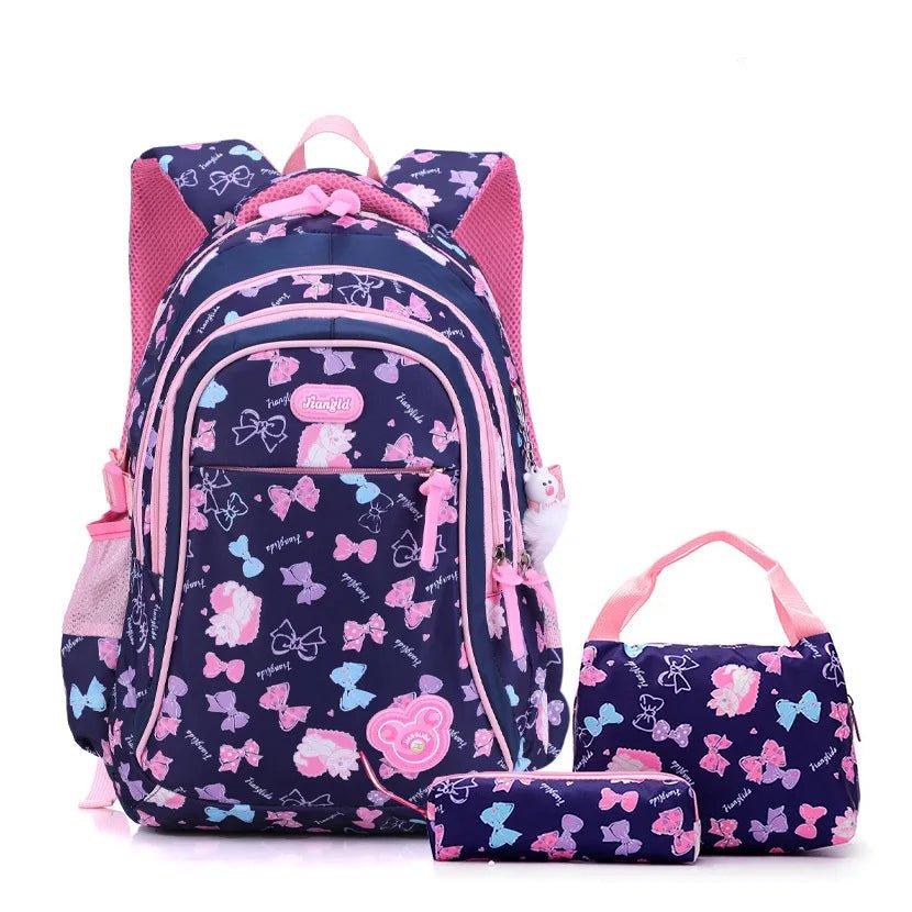 sac à dos scolaire fille 3 pièces noir et rose avec cartable pochette et trousse
