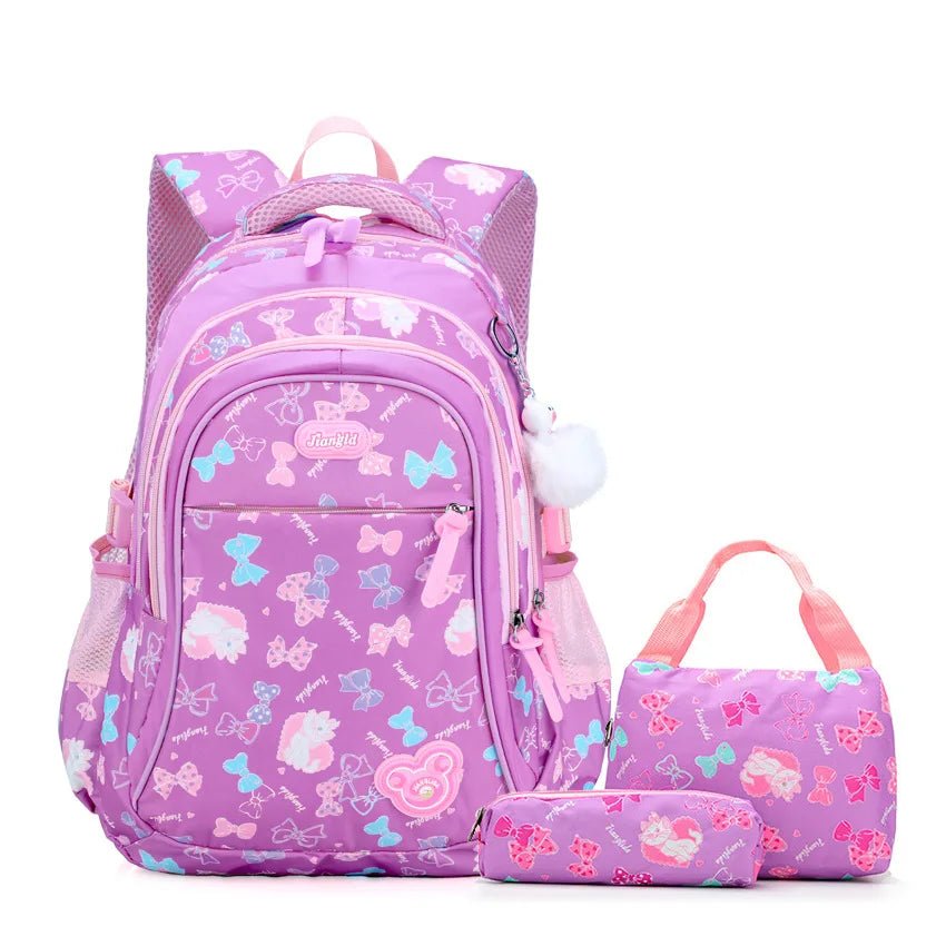 sac à dos scolaire fille 3 pièces violet avec cartable pochette et trousse