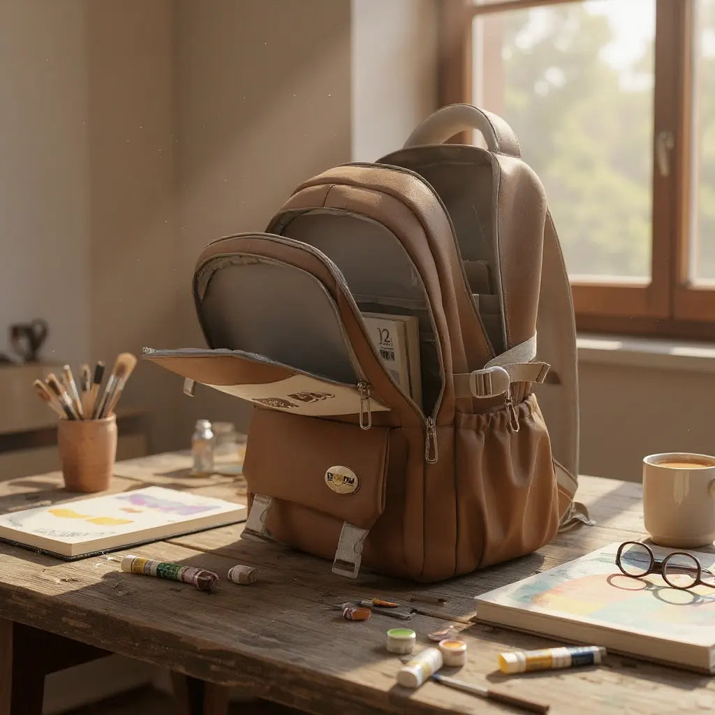 Sac à dos scolaire beige multi-poches posé sur un bureau, compartiment principal ouvert avec cahiers visibles.