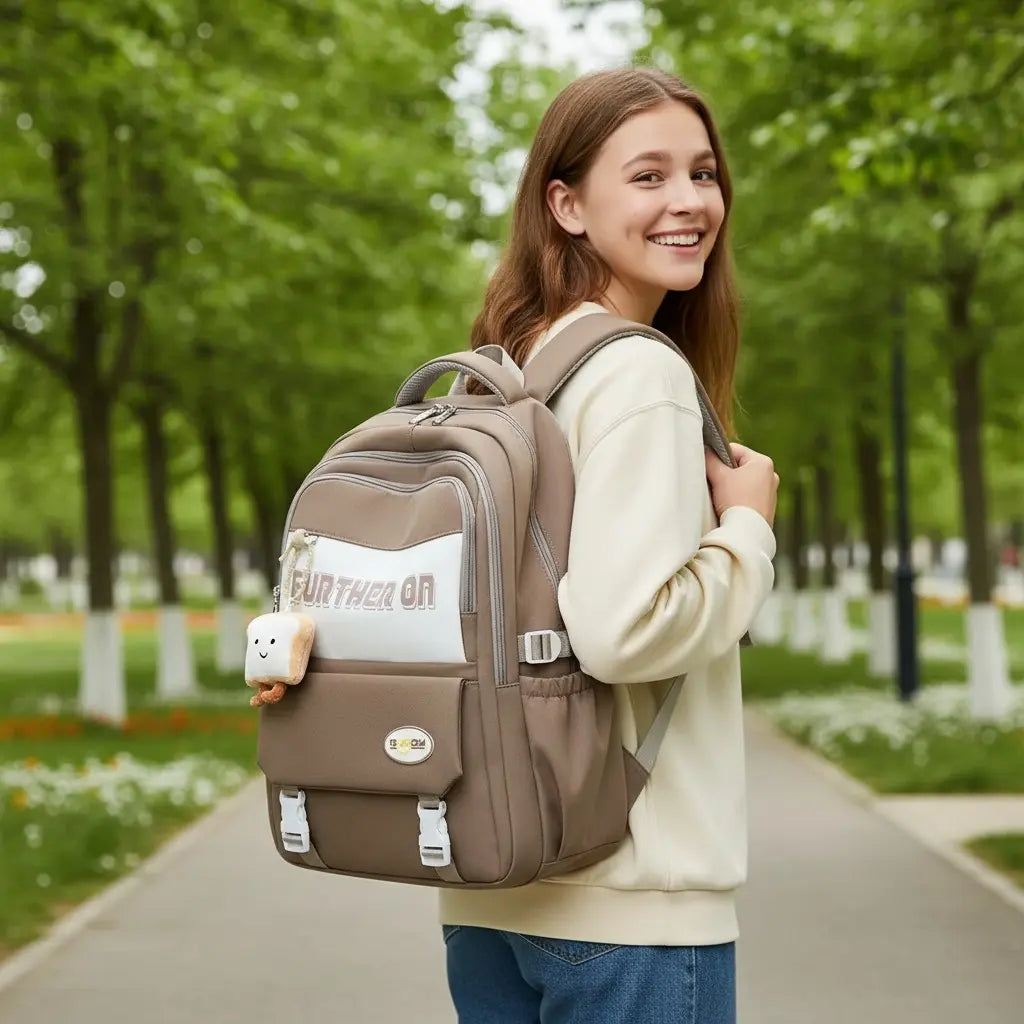 Vue de profil d’une collégienne portant un sac à dos scolaire beige multi-poches dans une allée arborée.