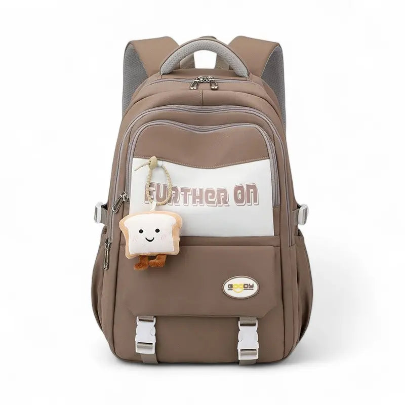 Sac à dos scolaire fille marron multi-poches grande capacité