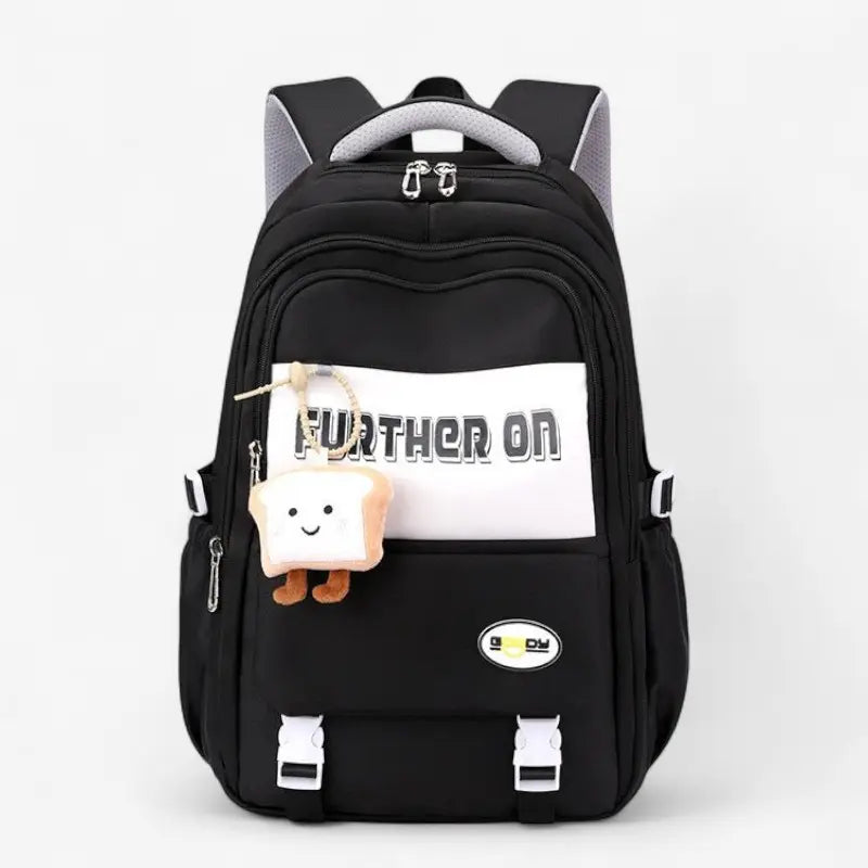 Sac à dos scolaire fille noir multi-poches avec peluche décorative