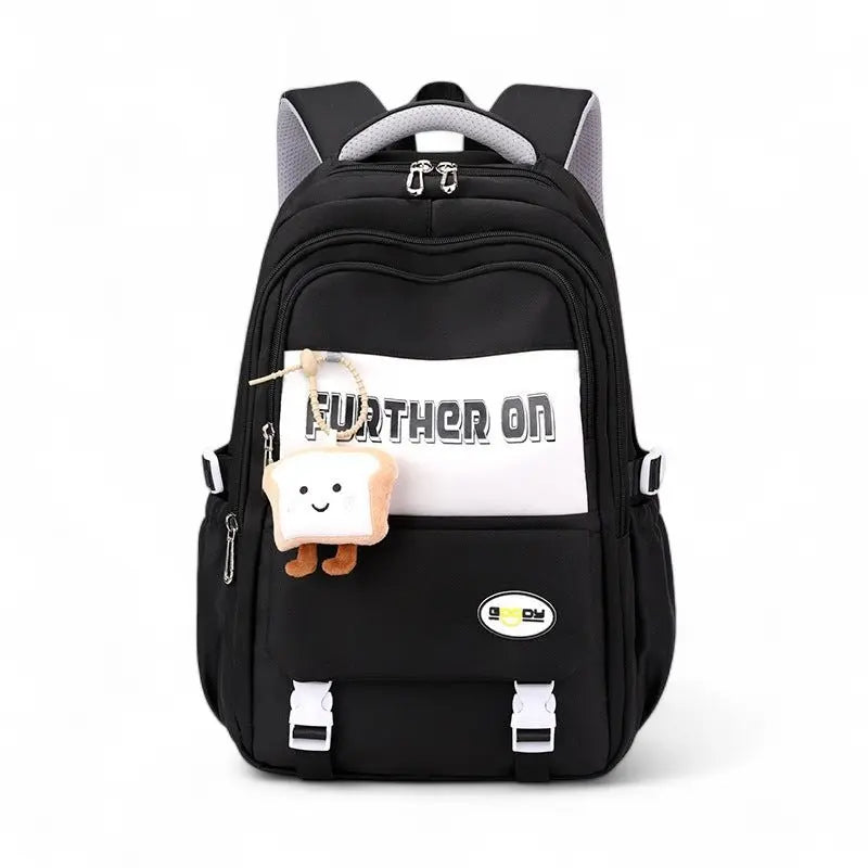 Sac à dos scolaire fille noir multi-poches avec peluche décorative