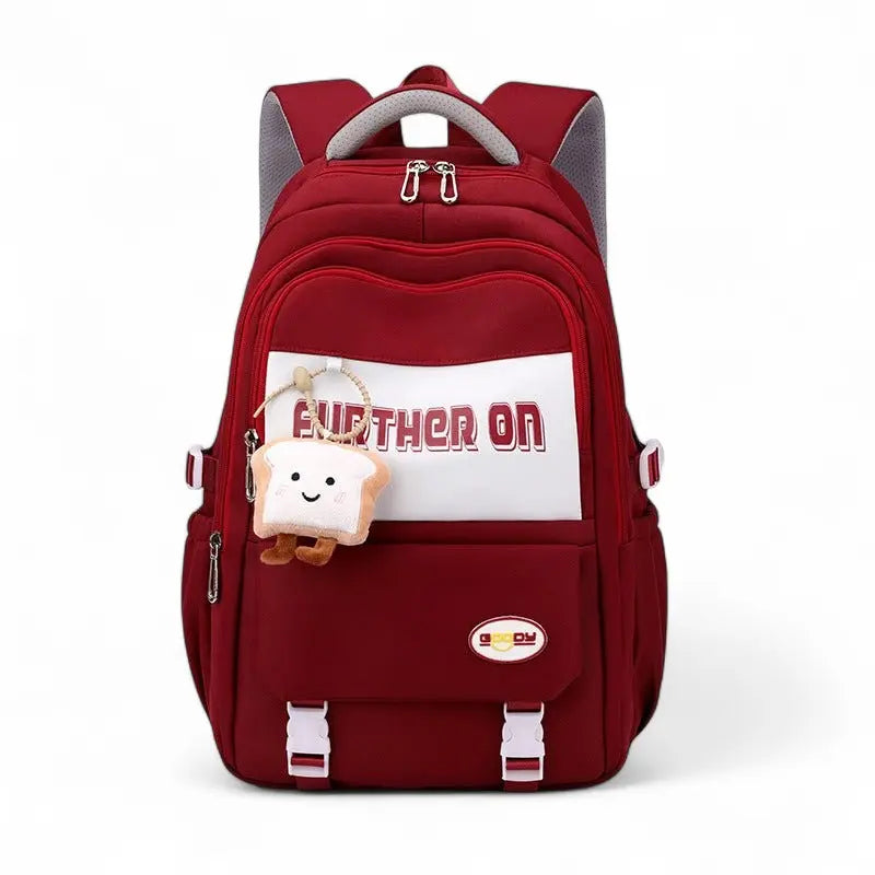 Sac à dos scolaire fille rouge multi-poches avec peluche décorative
