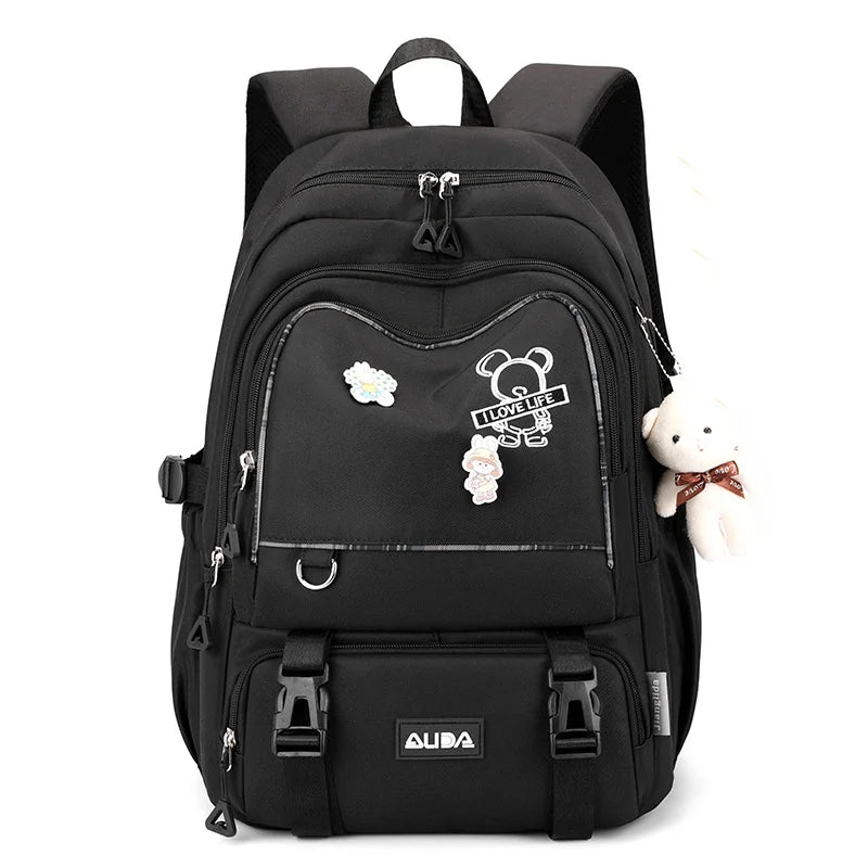 Sac à dos scolaire fille noir avec peluche ours et décorations