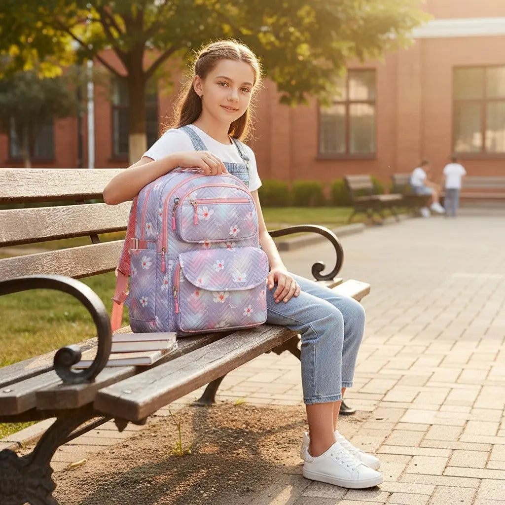 Fille assise avec un sac à dos scolaire ergonomique rose pour primaire et collège