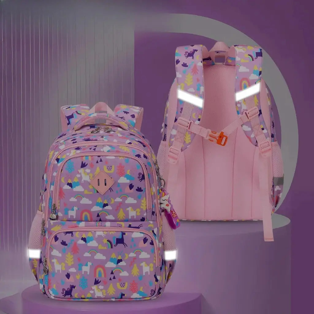 Sac à dos scolaire rose avec bandes réfléchissantes pour fille, vue de dos sur fond violet.