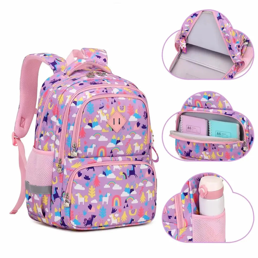 Sac à dos scolaire rose pour fille avec compartiments multiples et porte-bouteille latéral.
