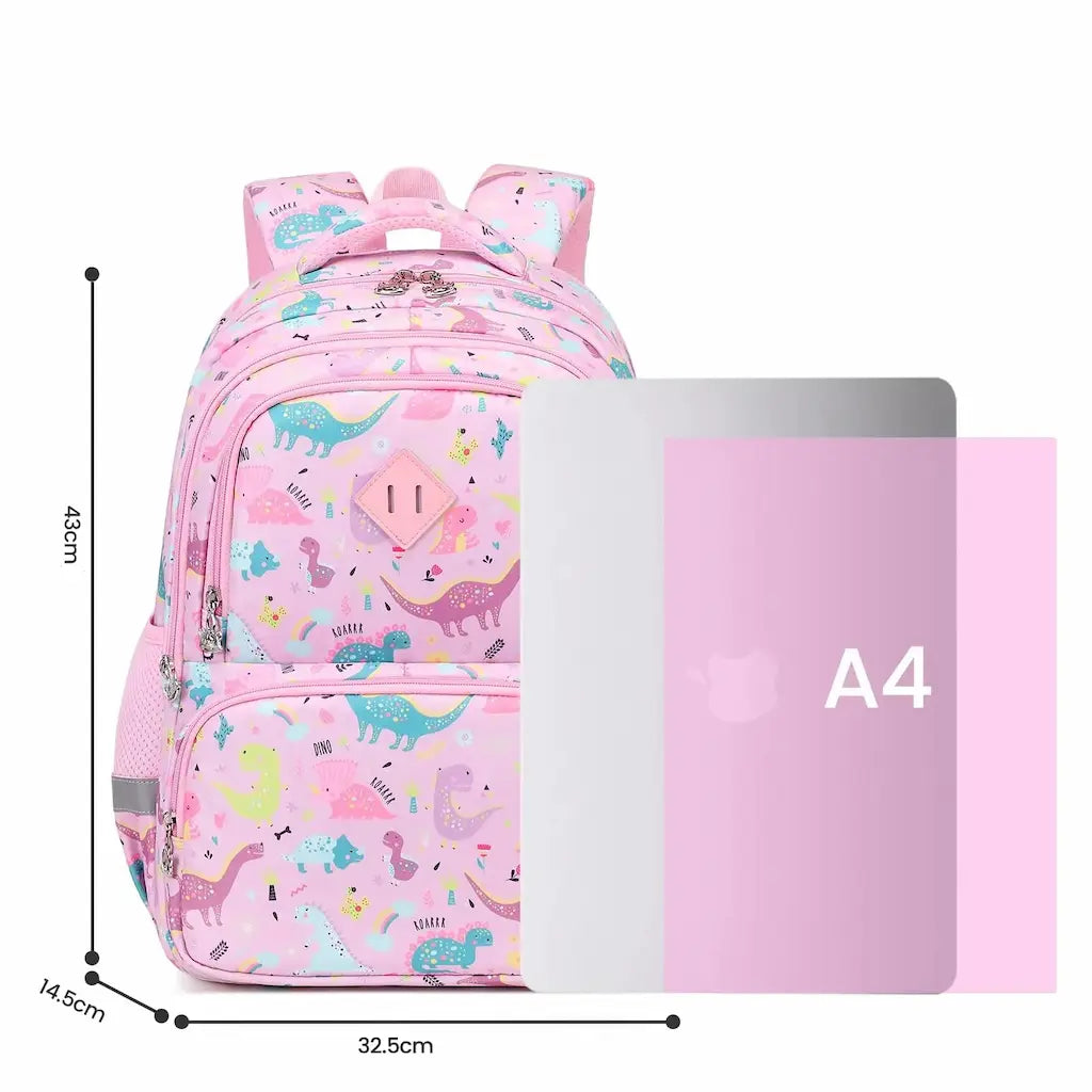 Sac à dos scolaire rose pour fille avec motifs dinosaures, dimensions adaptées au format A4.