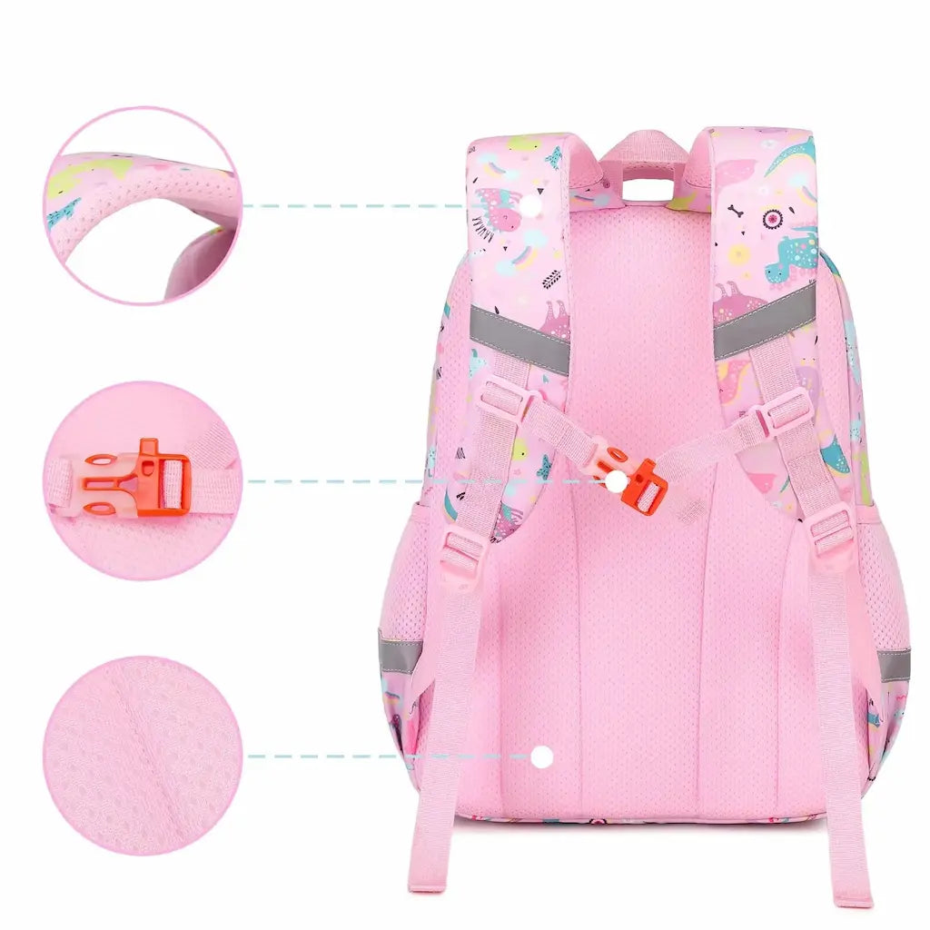 Vue arrière du sac à dos scolaire rose pour fille avec motifs dinosaures, bretelles rembourrées et détails renforcés.