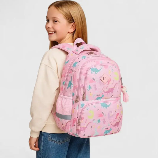 Sac à dos scolaire rose motif dinosaure porté par une écolière 