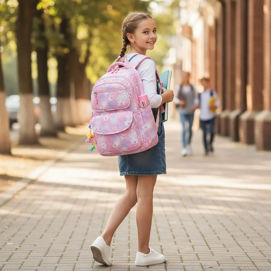 Fille portant un sac à dos scolaire rose ergonomique sur le chemin de l’école