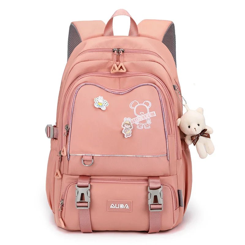 Sac à dos scolaire fille rose avec peluche ours décoratif