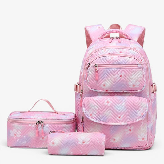 Sac à dos scolaire ergonomique fille rose avec trousse et lunch box assorties pour école primaire et collège