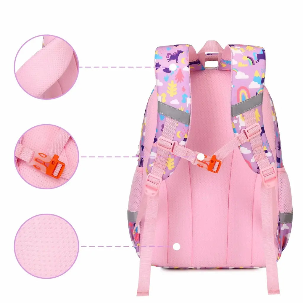 Vue arrière d’un sac à dos scolaire rose pour fille avec bretelles réglables et sangle pectorale.
