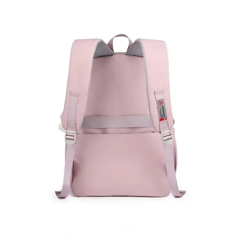 Vue arrière du sac à dos scolaire fille violet clair avec bretelles renforcées