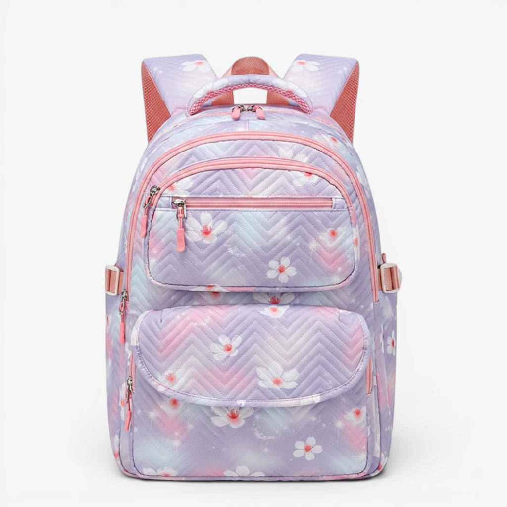 Vue de face du sac à dos scolaire fille violet et rose grande capacité