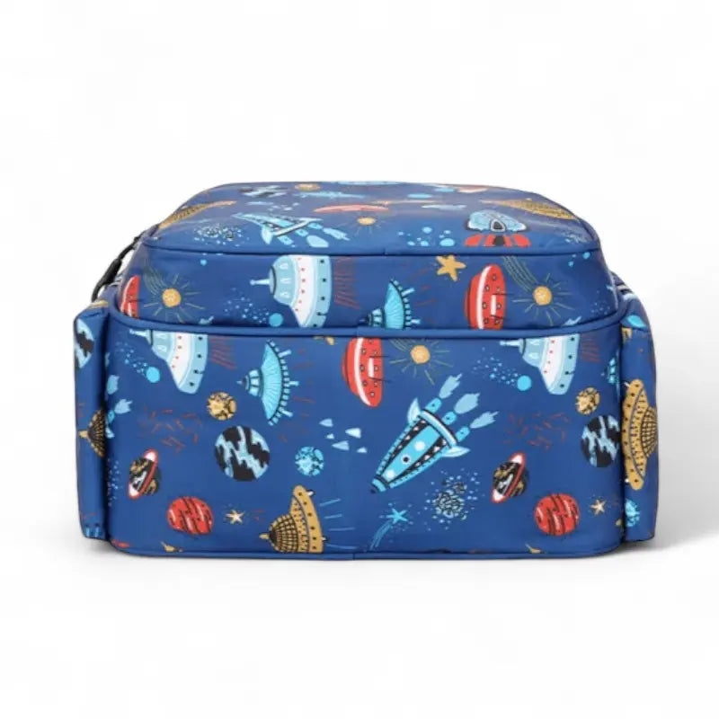 Sac à dos scolaire motif galaxie bleu, vue du dessous