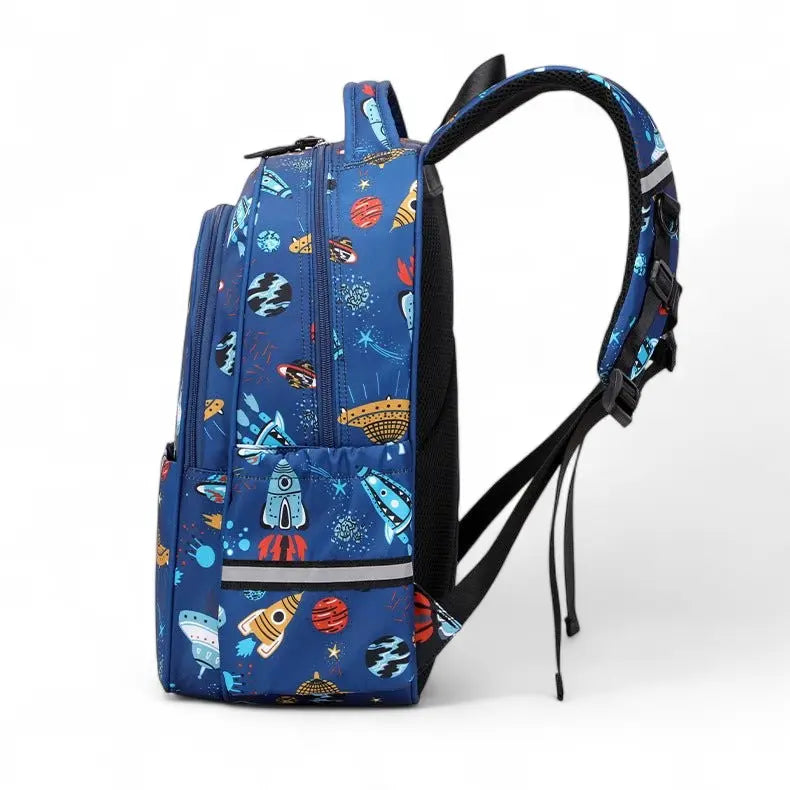 Sac à dos scolaire motif galaxie bleu, vue de côté