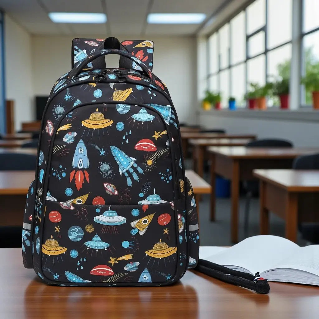 sac à dos scolaire garçon motif galaxie noir posé sur un bureau dans une salle de classe 