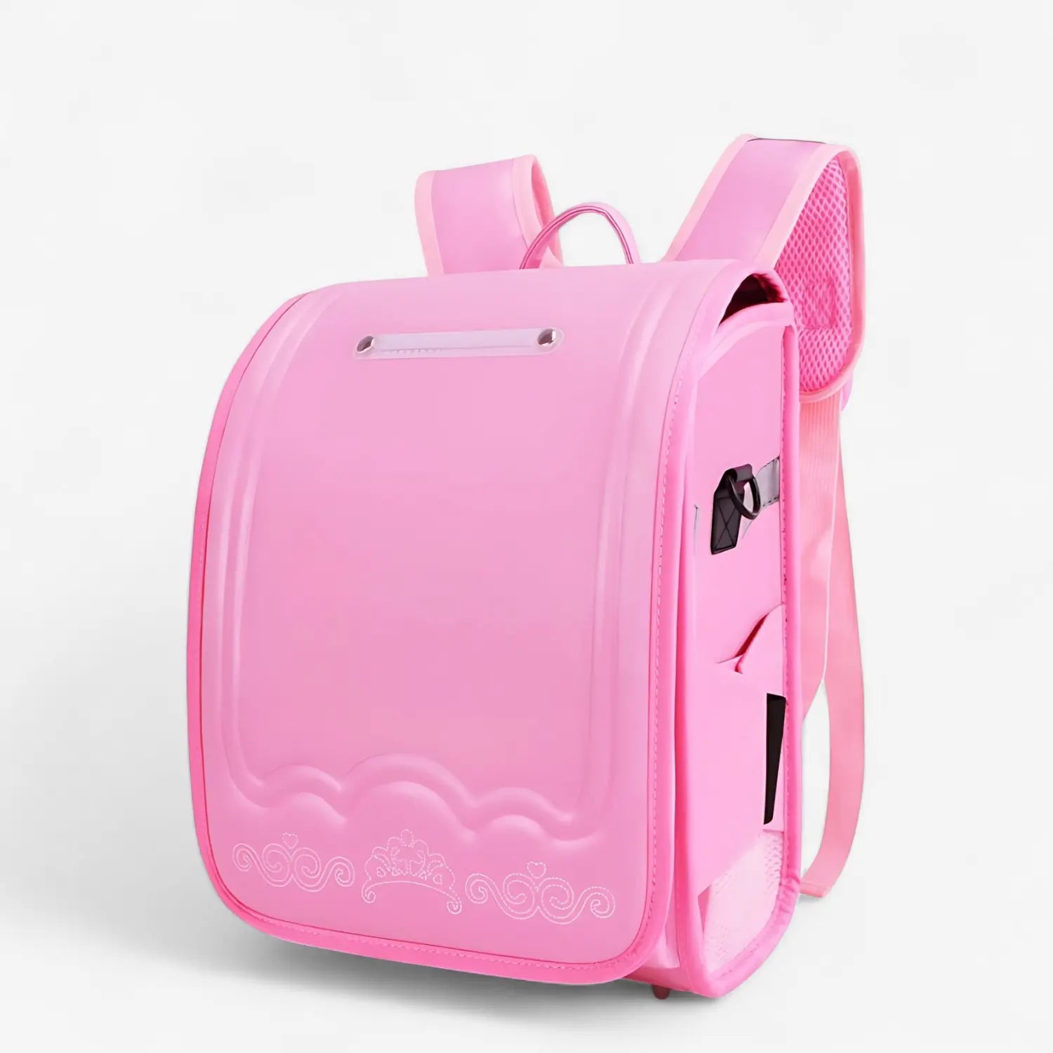 Sac à dos scolaire japonais rigide rose avec design orné et structure solide