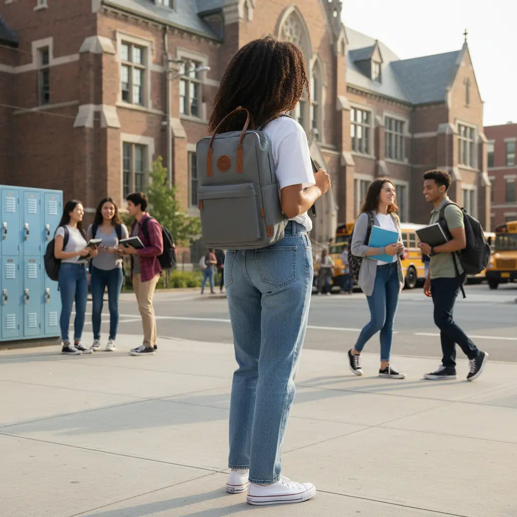 Sac à dos scolaire lycée gris porté au dos avec poche avant zippée