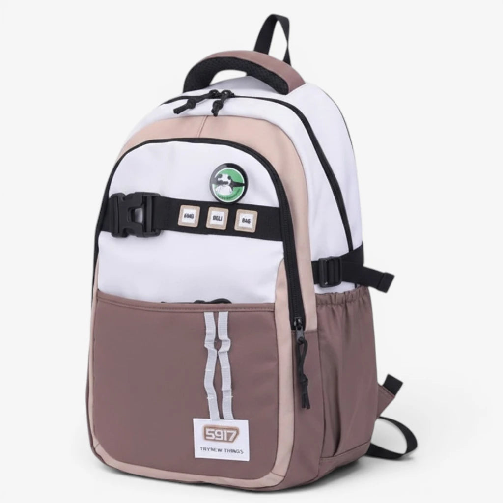 Sac à dos scolaire marron et blanc grande capacité sur fond clair