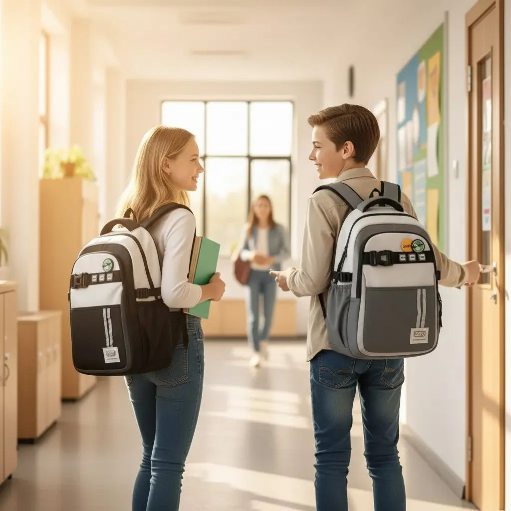 Deux élèves avec sac à dos scolaire noir et blanc dans un couloir d’école