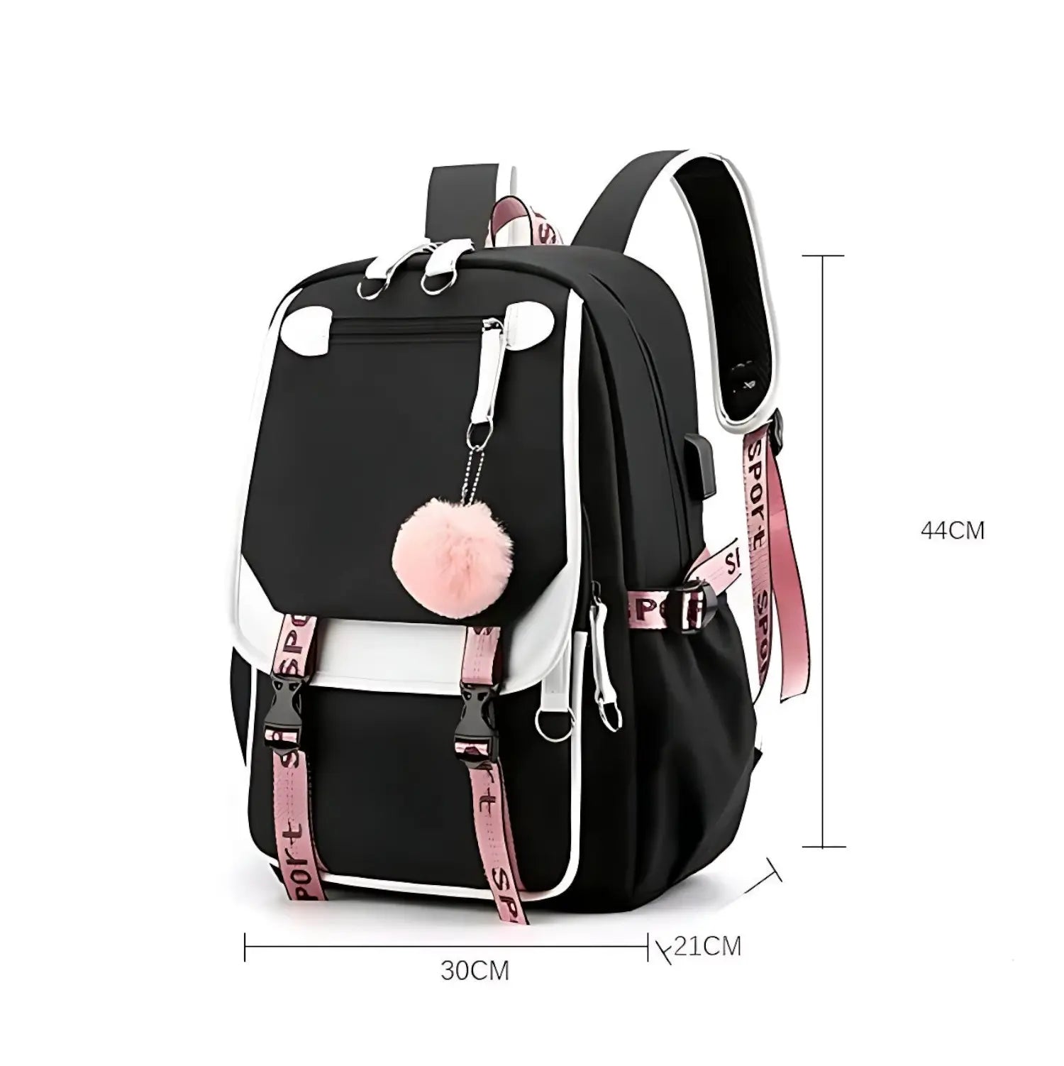 Sac à dos scolaire noir et rose avec port USB et pompon décoratif, dimensions 44 × 30 × 21 cm.
