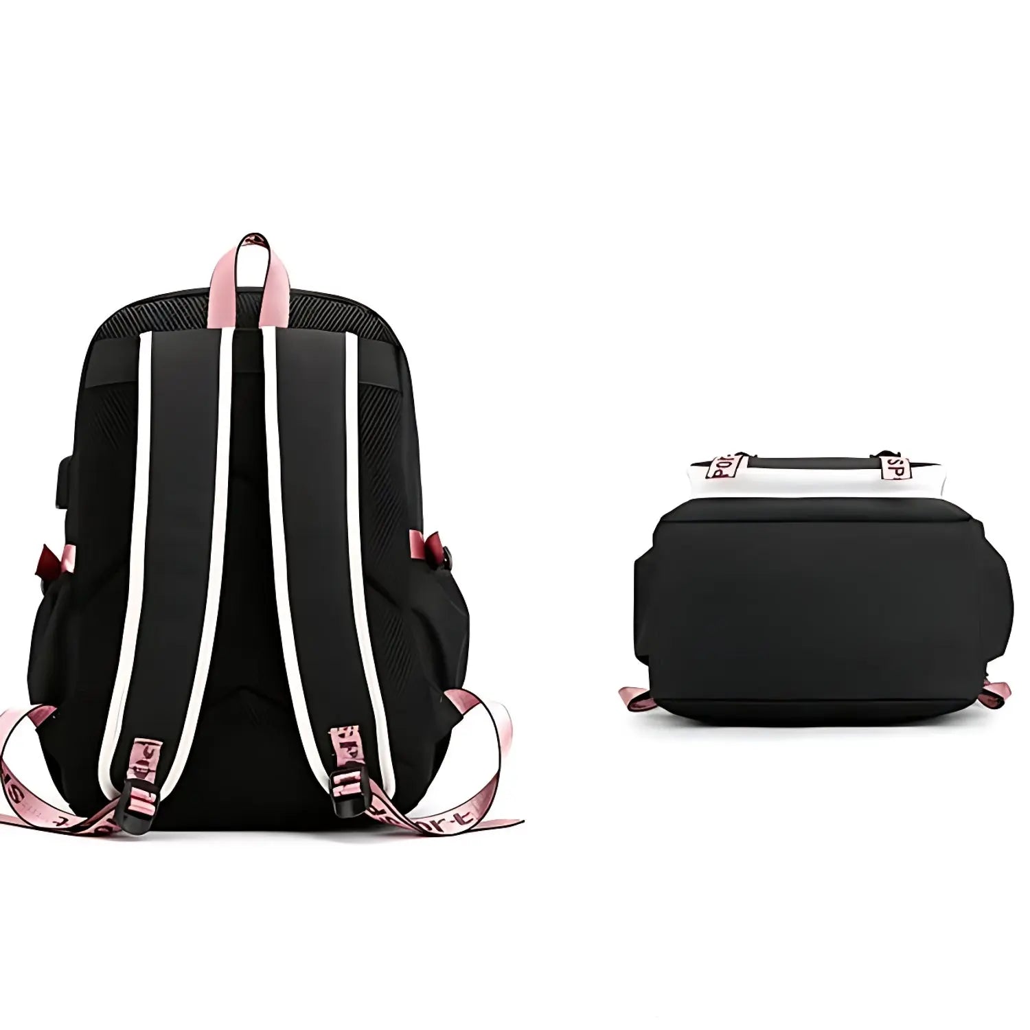Sac à dos scolaire noir et rose avec port USB et pompon décoratif, vue de dos et de dessous.
