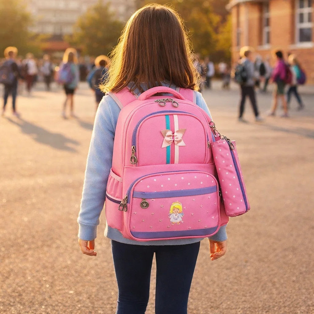Fille de dos avec un sac à dos rose et trousse assortie marchant vers l’école.